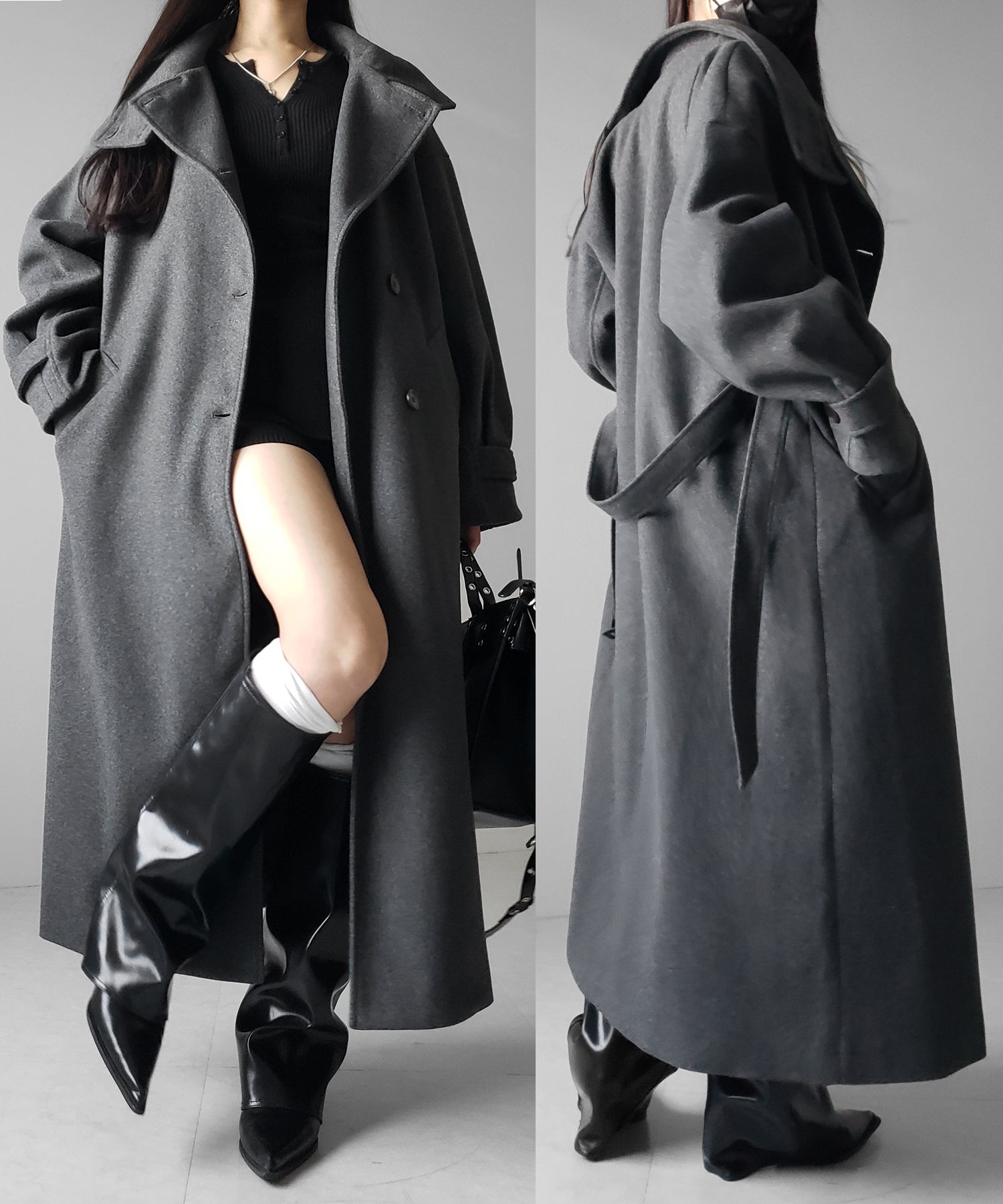 【 ウエストマークベルトSET 】２WAY スタンドカラーレディメルトントレンチロングコート ／ 2WAY stand collar lady melton trench long coat