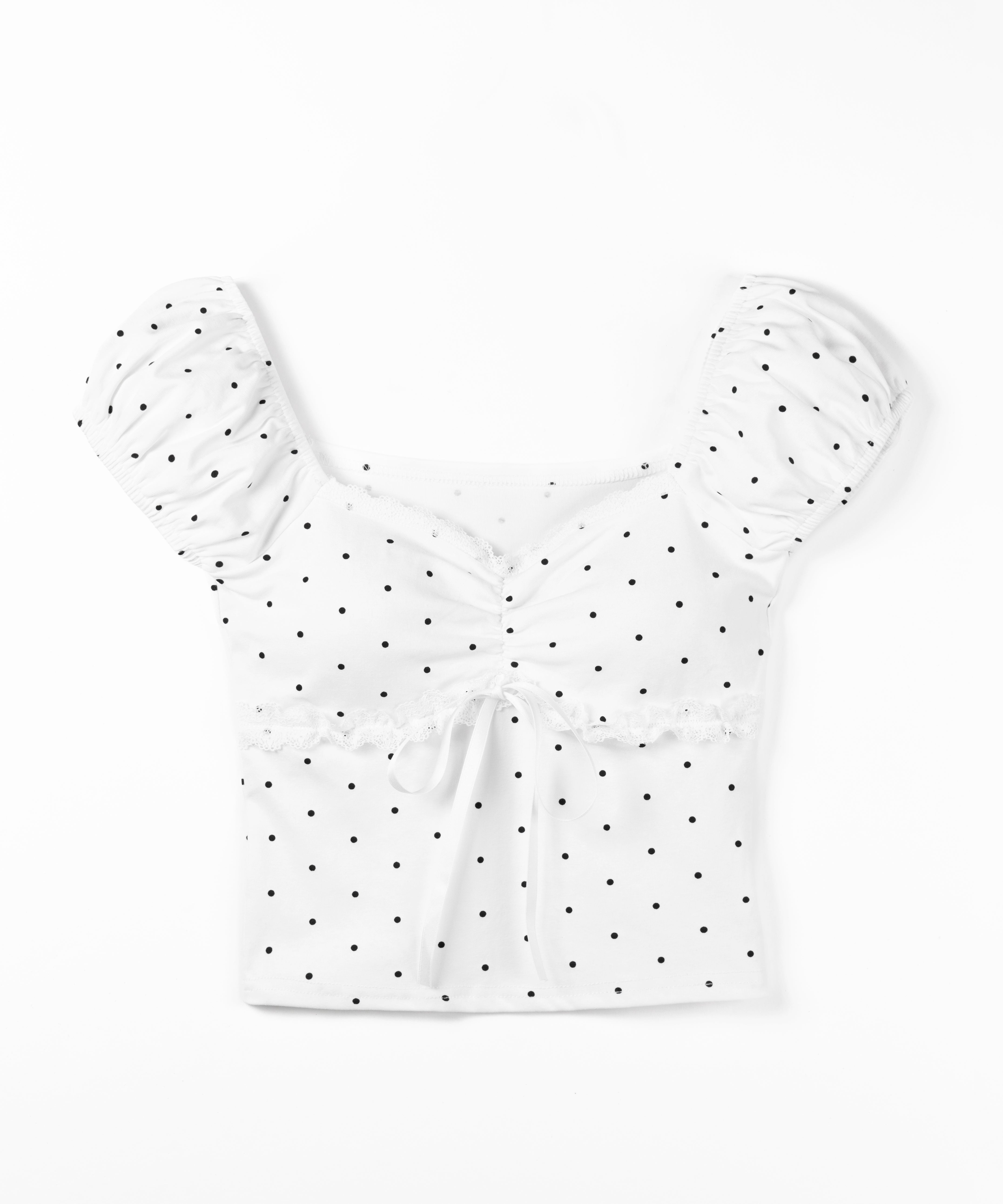 ドットレースリボンギャザーオフショルトップス ／ dot lace ribbon gathered off shoulder tops