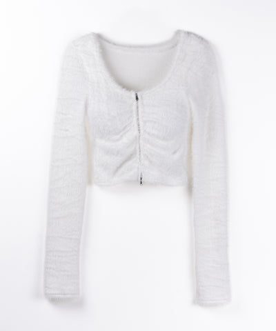 フロントジップショートシャギートップス／ front zip short shaggy tops