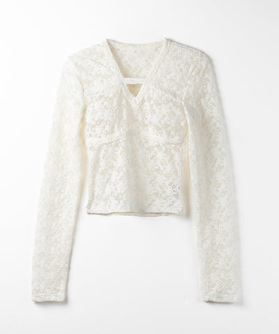 【 ２color 】Vネックスリムラインレーストップス ／ V-neck slimline lace tops