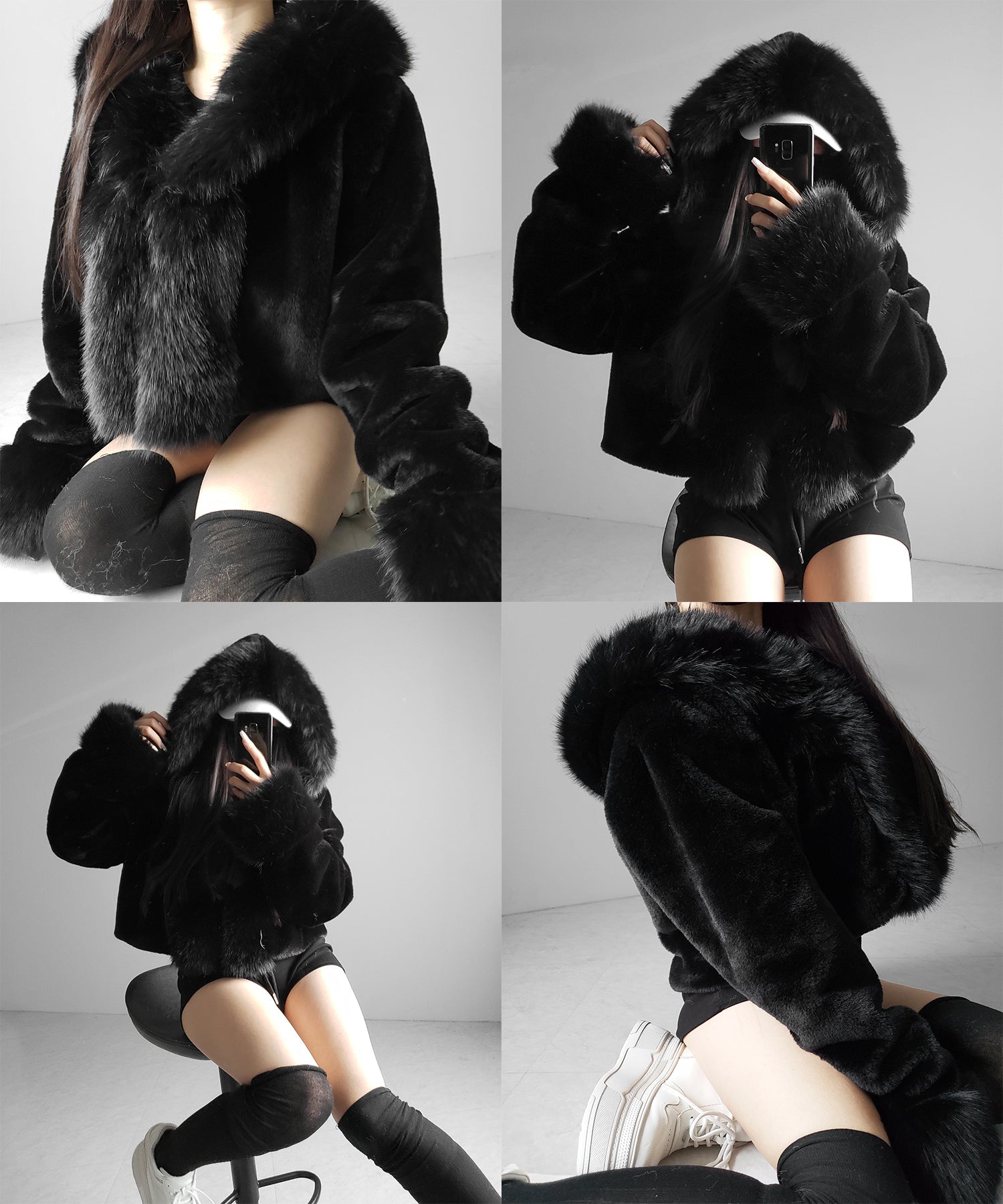 フェイクファーフードレディーショートコート ／ fake fur hoodec lady short coat