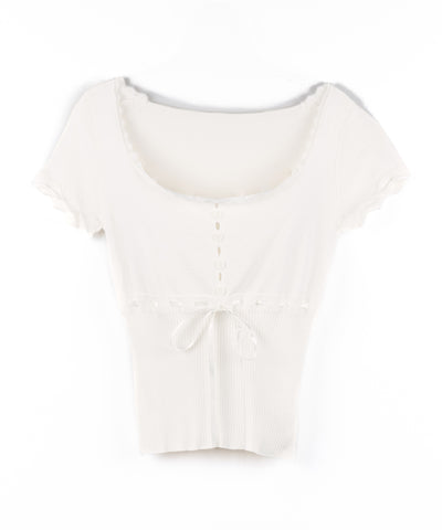 フロントリボンスクエア半袖ニットトップス / front ribbon square short sleeve knit tops