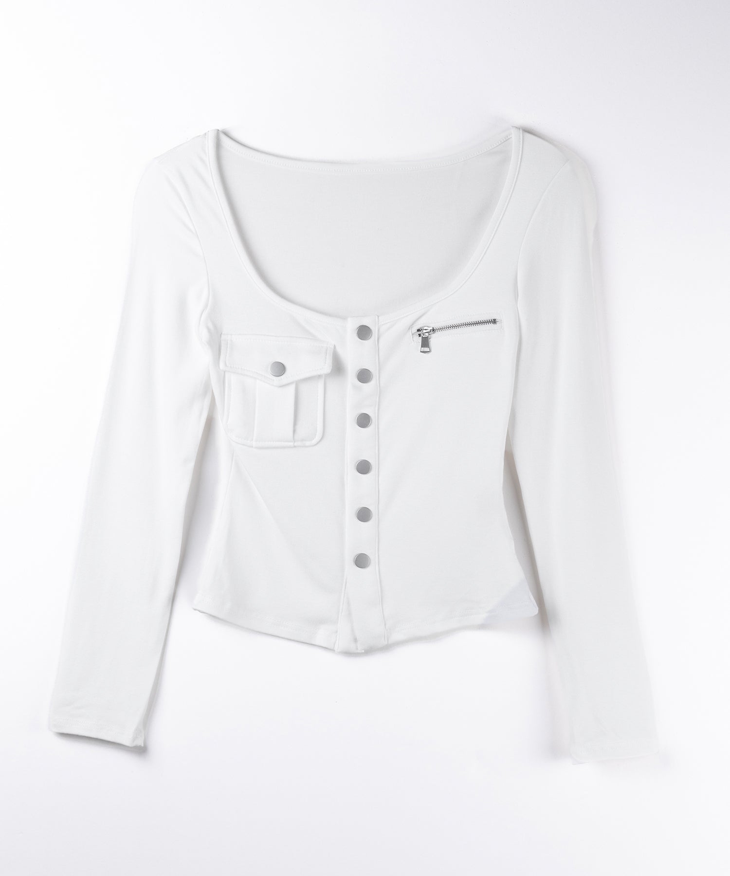 アウトポケットスクエアネック長袖スリムTシャツ ／Out pocket square neck long sleeve slim T-shirt