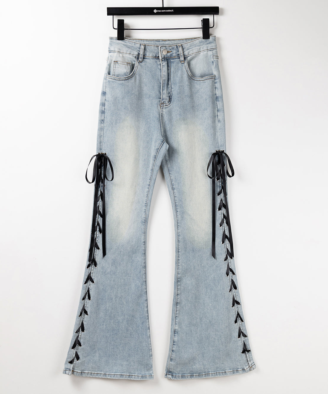 サテンリボンレースアップカットアウトストレッチフレアデニム ／ satin ribbon laceup cutout stretch flare denim