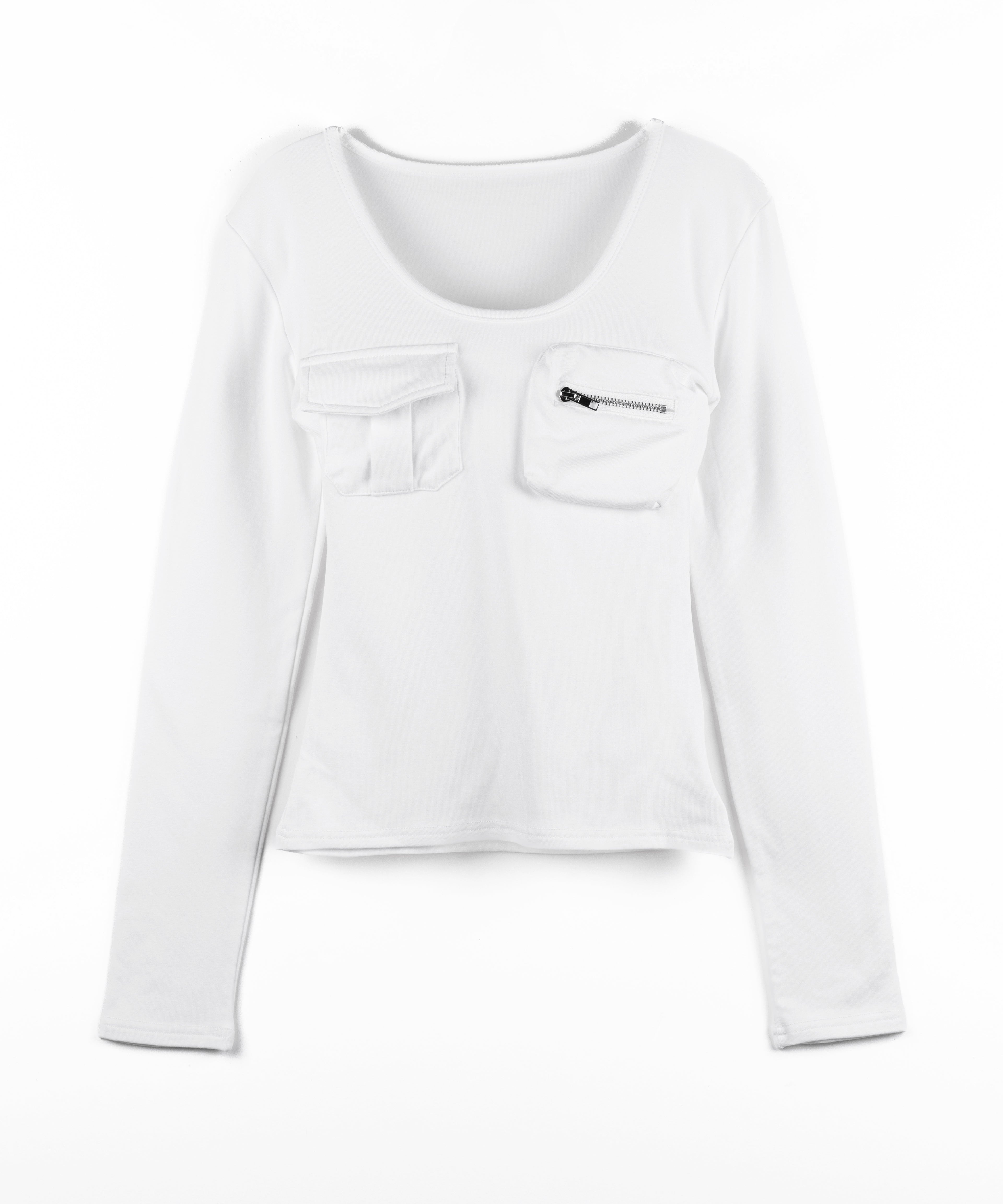 【 裏起毛 】アウトポケットオープンネックスリムトップス ／ out pocket open neck slim tops