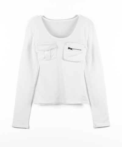 【 裏起毛 】アウトポケットオープンネックスリムトップス ／ out pocket open neck slim tops