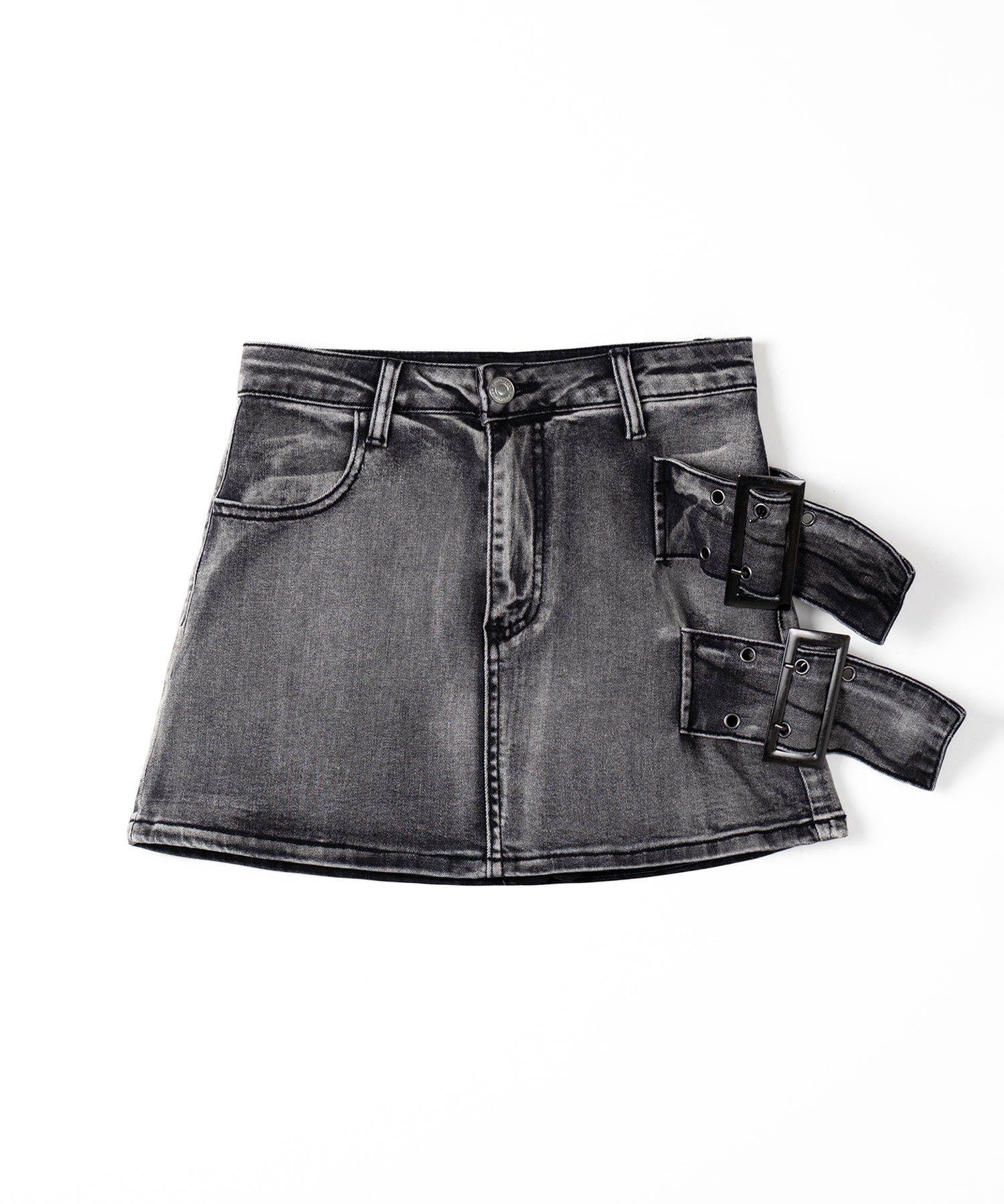 【 インパン裏地付 】ダブルハトメベルトヴィンテージデニムミニスカート ／ Double eyelet belt vintage denim mini skirt