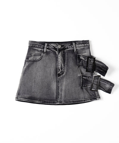 【 インパン裏地付 】ダブルハトメベルトヴィンテージデニムミニスカート ／ Double eyelet belt vintage denim mini skirt