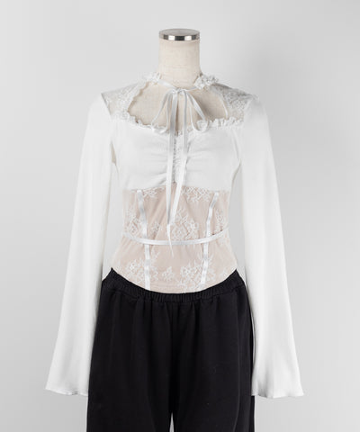【 ２color 】チョーカーネックリボンレーシーカットソートップス ／ choker neck ribbon lacy cutsaw tops