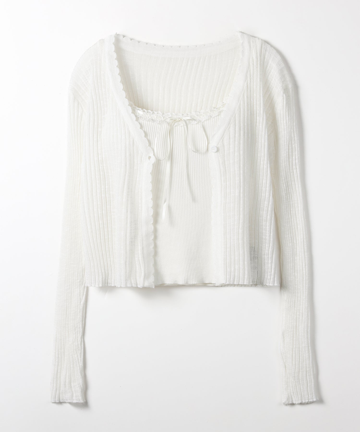 【 ２点セット 】レースリボンニットキャミソール ＋ シアーリブニットカーディガン ／ lace ribbon knit camisole ＋ sheer lib knit cardigan