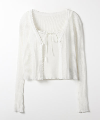 【 ２点セット 】レースリボンニットキャミソール ＋ シアーリブニットカーディガン ／ lace ribbon knit camisole ＋ sheer lib knit cardigan