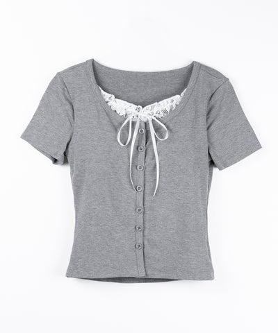 フロントリボンレースレイヤード半袖リブトップス ／front ribbon lace layered short sleeve rib tops