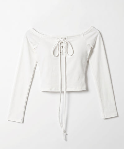 【 クロスネックにできる2WAY 】フロントレースアップオフショルショートトップス ／ 2WAY front laceup offShoulder short tops