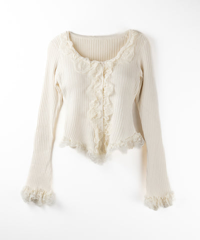 【 ３color 】レースフリルドッキングリブニットカーディガン ／ lace frill docking rib knit cardigan
