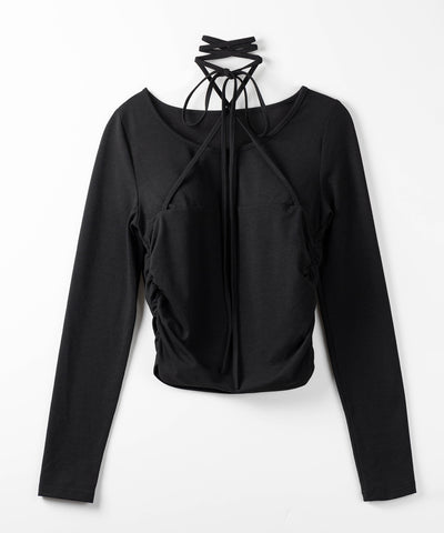 【 ３color 】クロスストラップロングチョーカーリボントップス ／ cross strap long choker ribbon tops