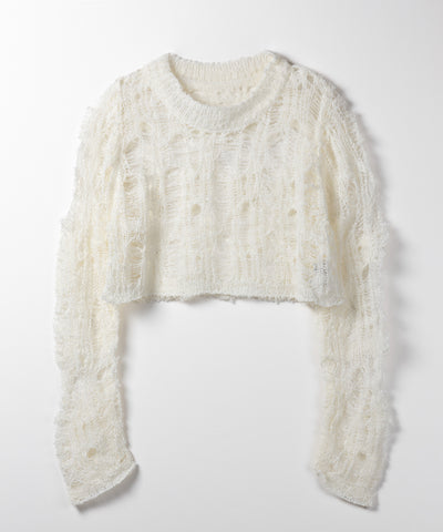 【 ２color 】クラッシュダメージショートシアーニット ／ crush damage short sheer knit