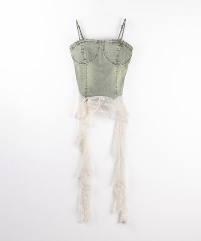 ヴィンテージライクレースフリルデニムビスチェ ／ vintage like lace frill denim bustier