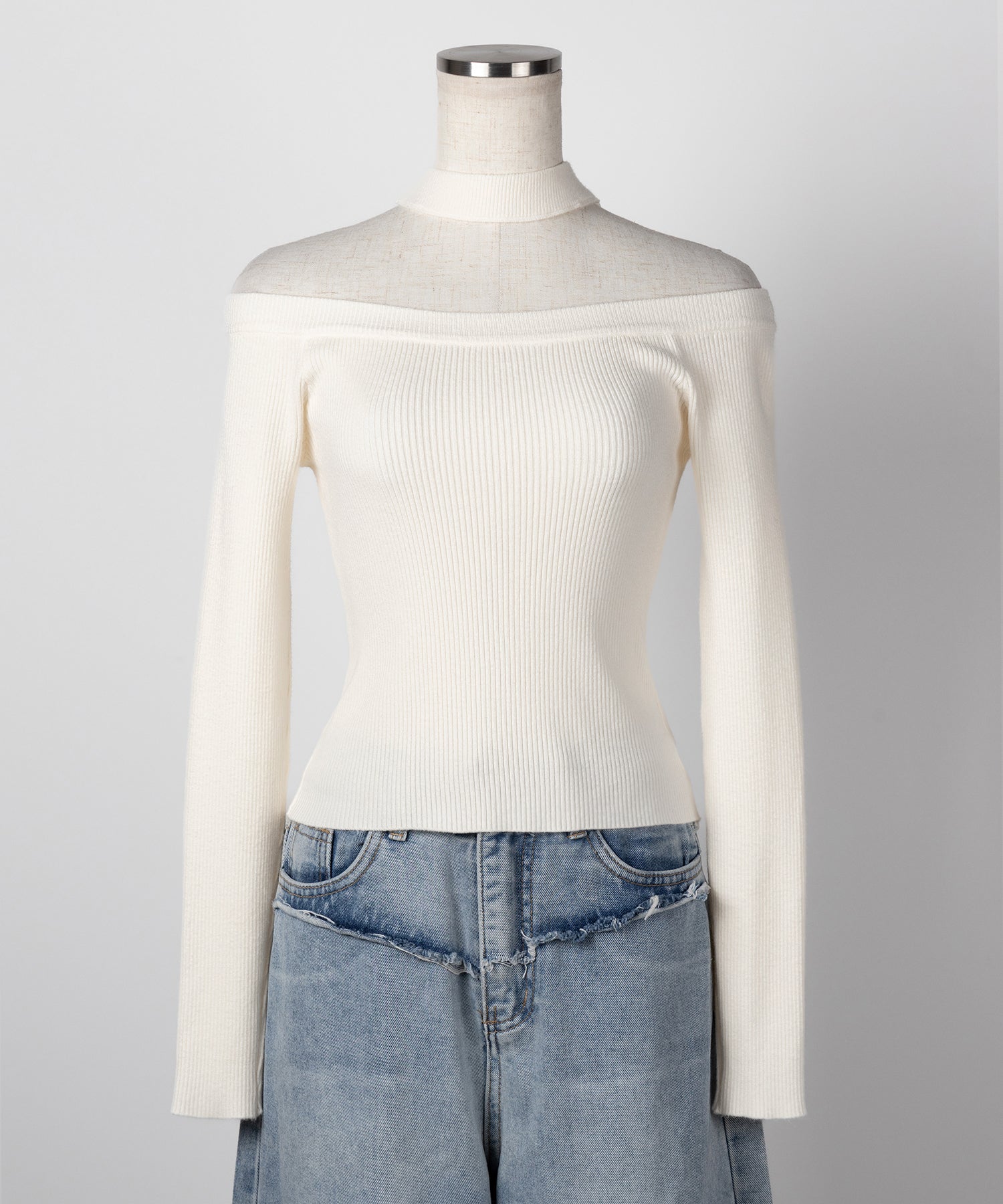 【 ２color 】チョーカーオフショルリブニットトップス ／choker offshoulder lib knit tops