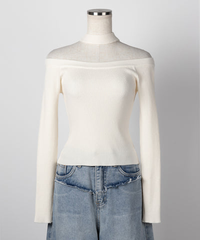 【 ２color 】チョーカーオフショルリブニットトップス ／choker offshoulder lib knit tops