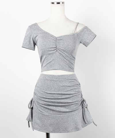 ワンショルギャザートップス ＋ シャーリングリボンスカート SETUP ／ ( SETUP ) one shoulder gather tops + shirring ribbon skirt SET
