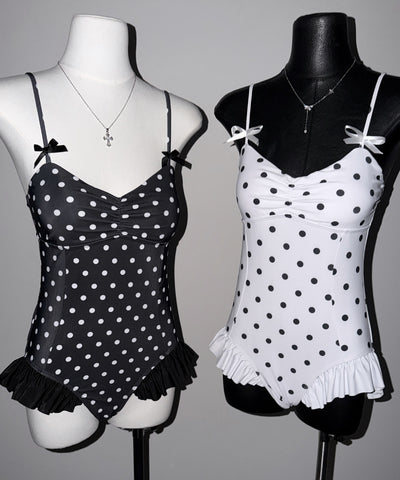 【 レディース水着 】ドットリボンフリルワンピース水着 ／ Dot ribbon frill onepiece swimwear
