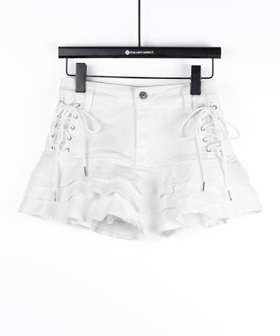 【 インパン裏地付 】レースアップブラックフリルミニスカート ／ laceup black frill mini skirt