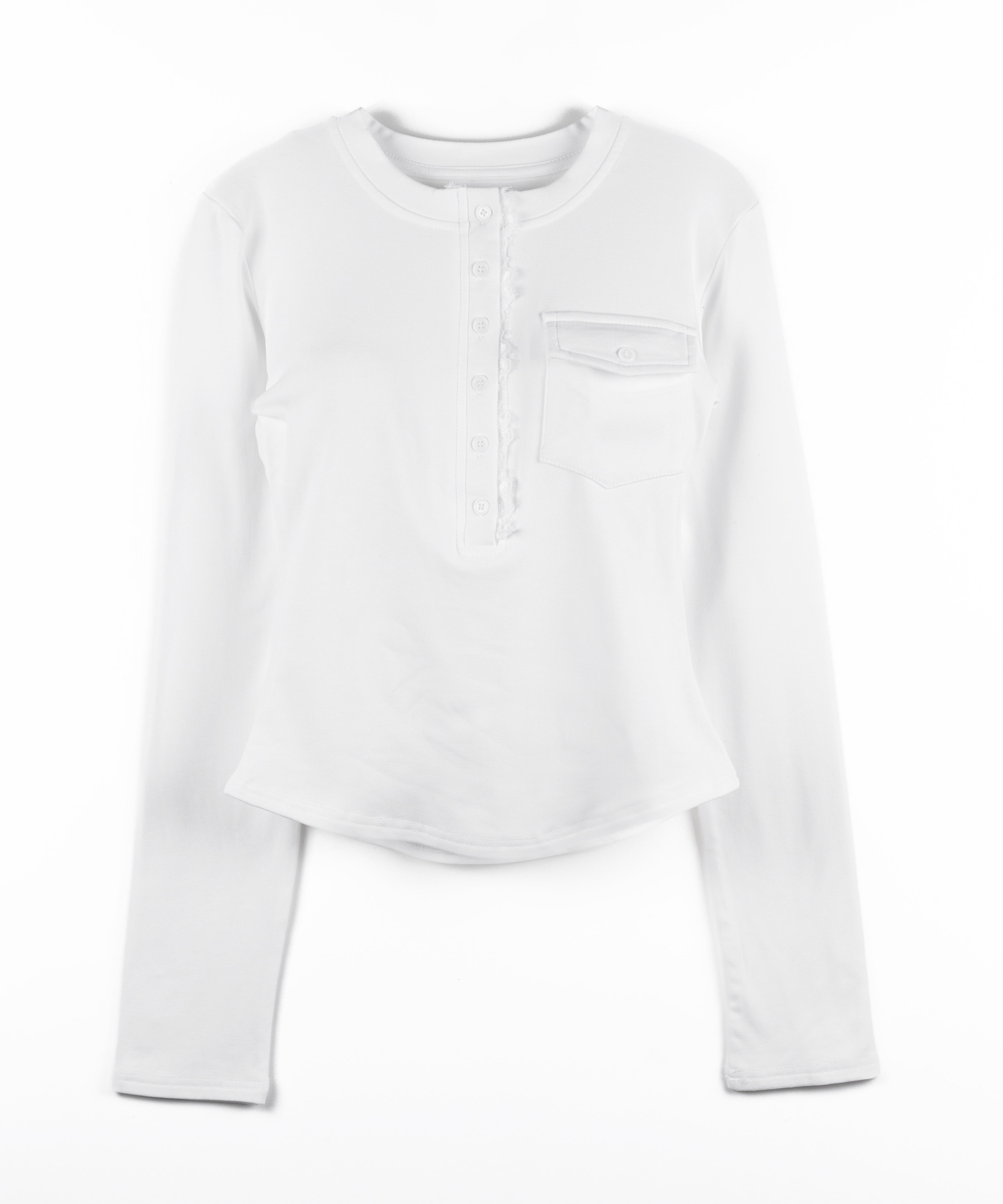 【 裏起毛 】レースドッキングヘンリーネックトップス ／ lace docking henley neck tops