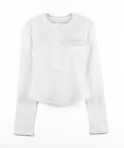 【 裏起毛 】レースドッキングヘンリーネックトップス ／ lace docking henley neck tops