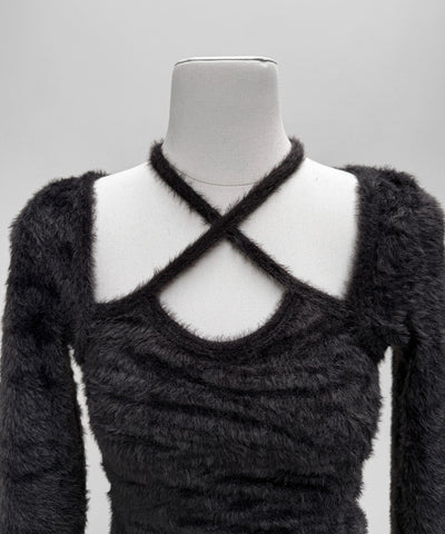 【 ３color 】クロスネックシャーリングリボンシャギートップス ／ cross neck shirring ribbon shaggy tops