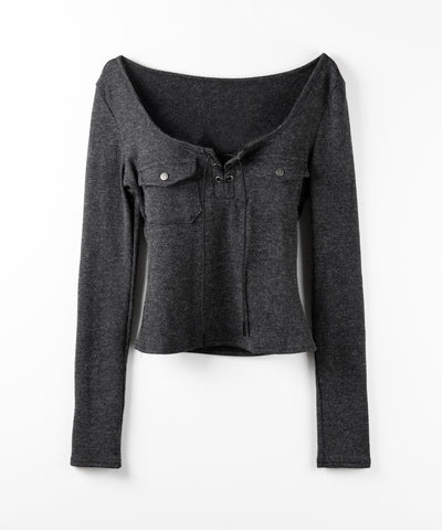 レースアップアウトポケットスリムリブトップス ／ lace up out pocket slim ribbed tops