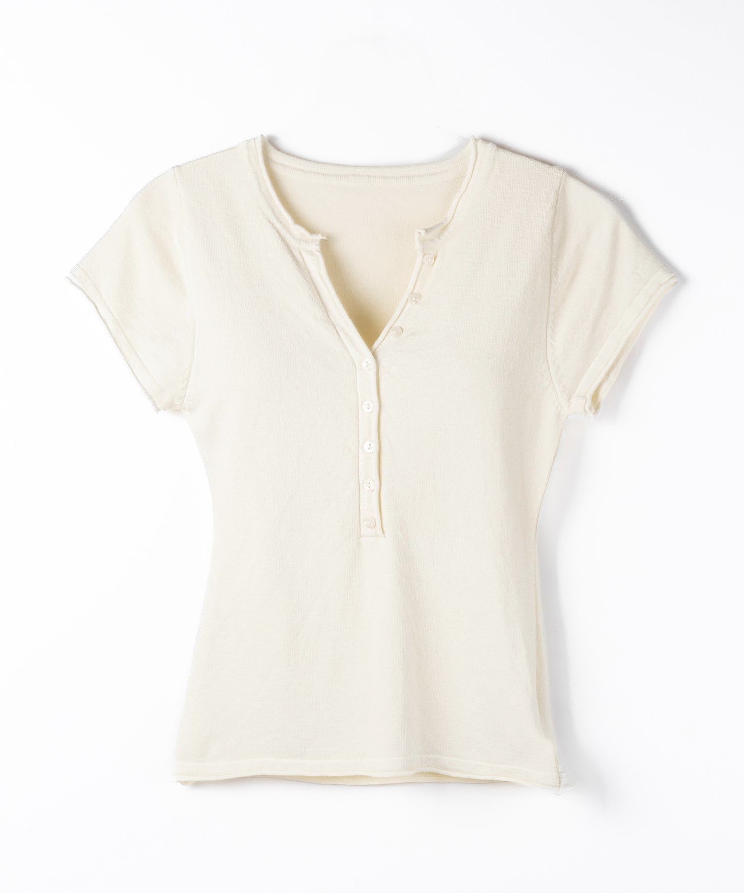 ヘンリーネック半袖ぴちニットトップス ／ henley neck short sleeve pichi knit tops