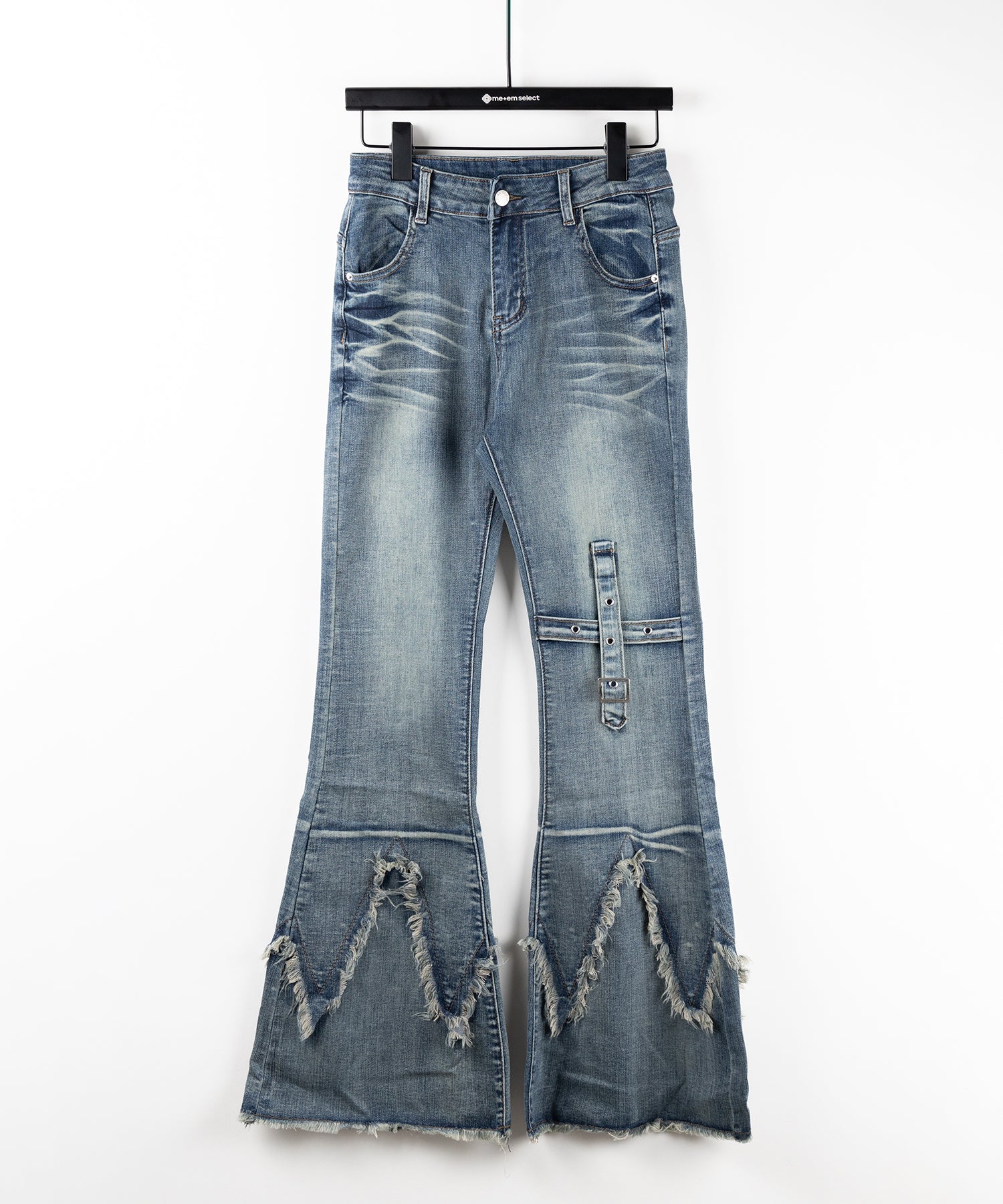 【 ２color ／ ４size 】クロスデザインヴィンテージライクフリンジストレッチフレアデニム ／ cross design vintage-like fringe stretch flare denim