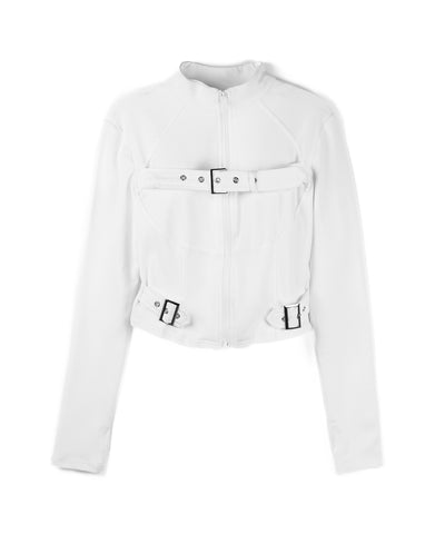 スタンドカラーベルテッドダブルジップスリムトップス ／ stand collar belted double zip slim tops