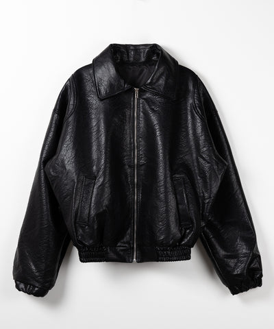 【 ２color 】バックリボン刺繍ヴィンテージライクフェイクレザーブルゾン ／ back ribbon vintage like fake leather blouson