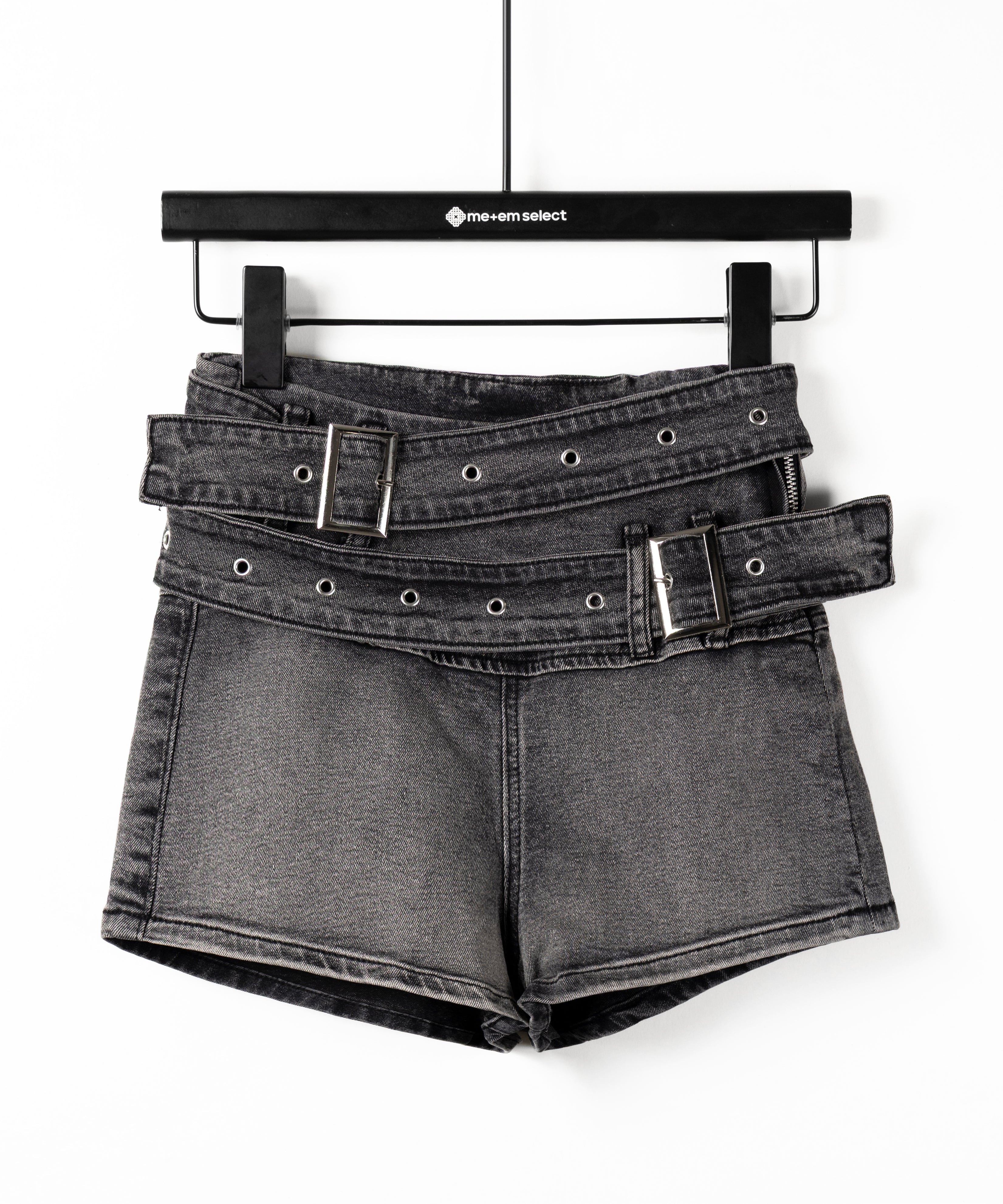 ダブルベルテッドマイクロミニデニムショートパンツ ／ double belted micro mini denim short pants