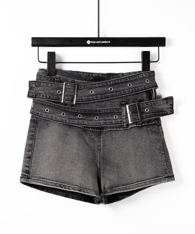 ダブルベルテッドマイクロミニデニムショートパンツ ／ double belted micro mini denim short pants