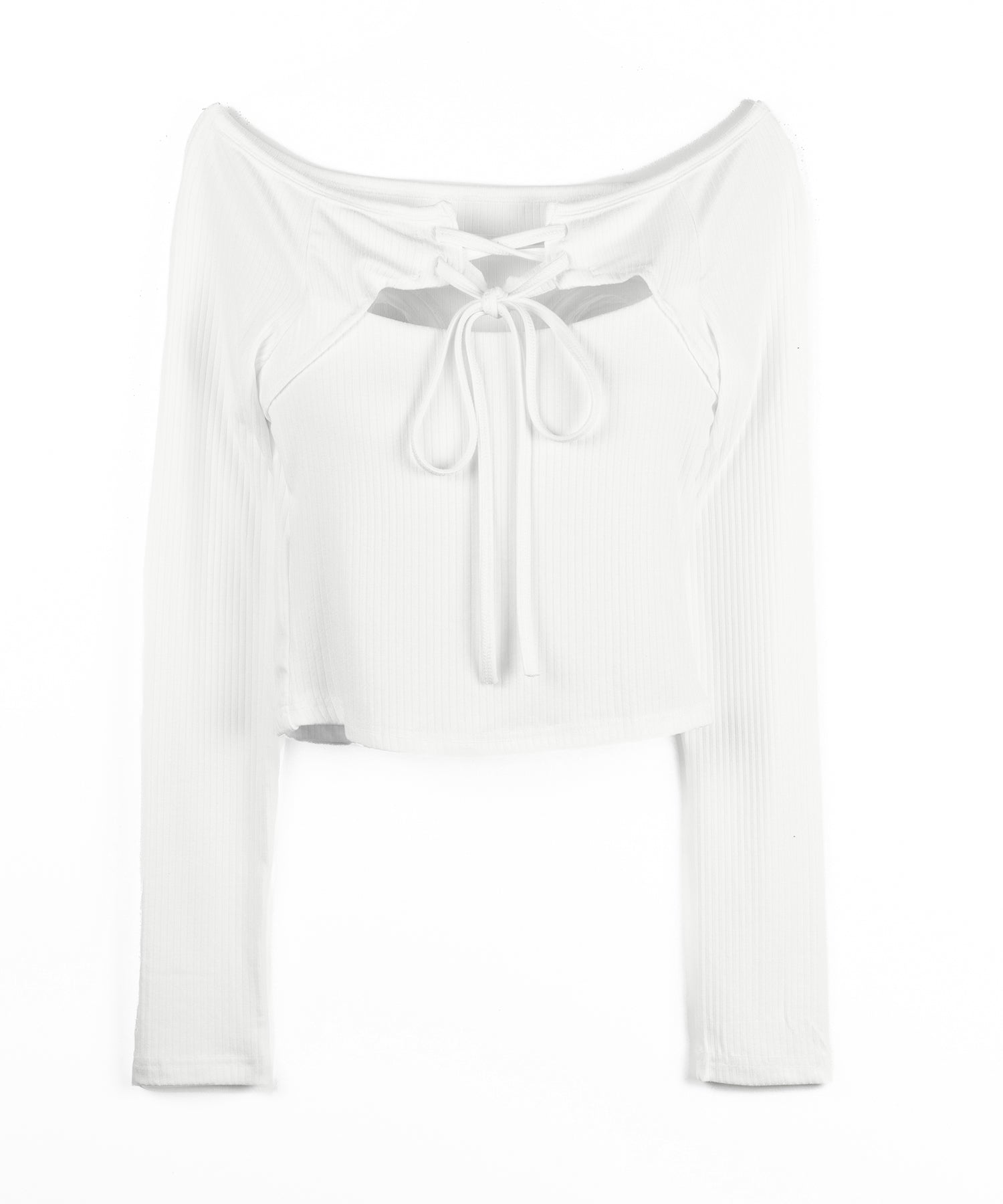 レースアップリボンカットアウトオフショルリブロンT ／ lace up ribbon cutout offshoulder ribbed long T-shirt