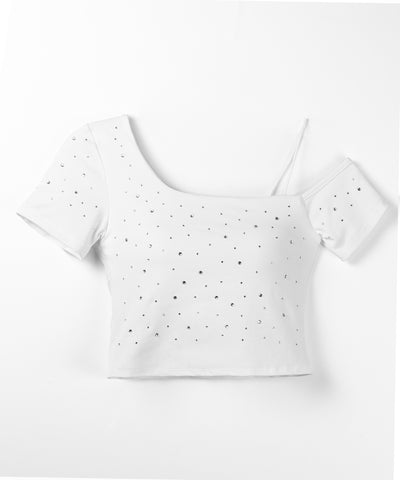 ラインストーンワンショルダーショートTシャツ ／ Rhine stone one shoulder short T-shirts