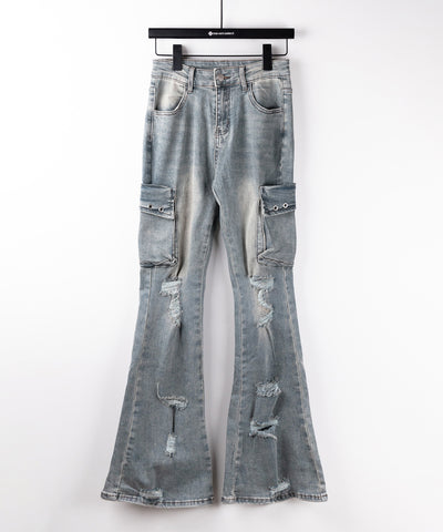 【 ２color ／ ４size 】カーゴデザインヴィンテージライクダメージストレッチフレアデニム ／ cargo design vintage-like damage stretch flare denim