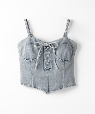 【 ２color 】レースアップリボンコルセットデニムビスチェ ／ lace up ribbon corset denim bustier