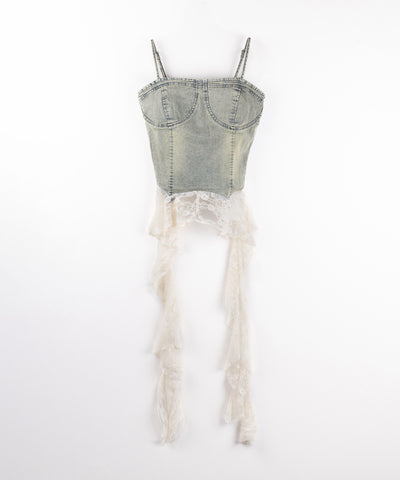 【 ２color 】ヴィンテージライクレースフリルデニムビスチェ ／ vintage like lace frill denim bustier