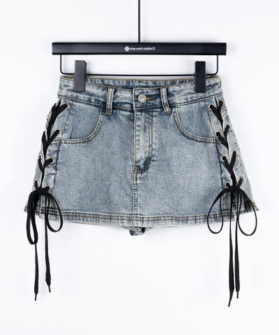 【 インパン裏地付き 】レースアップマイクロデニムミニスカパン ／ Lace-up micro denim mini skirt pants