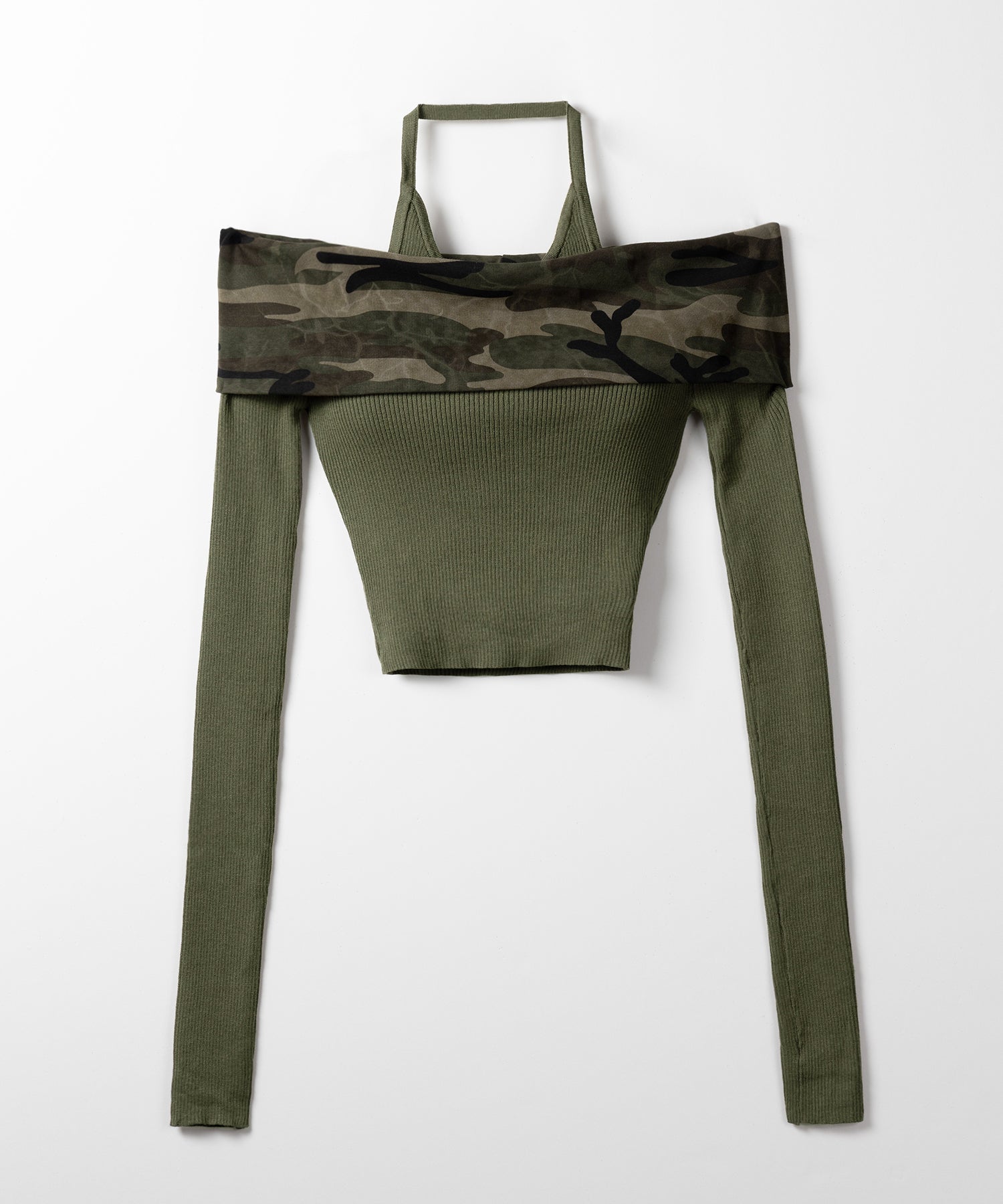 オフショルダーカモフラホルターネックリブニット ／ off shoulder camouflage halter neck lib knit
