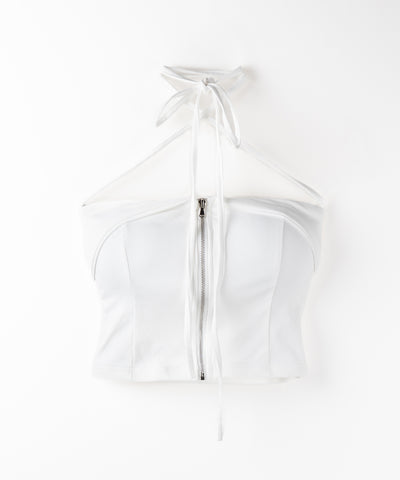 【 ２WAY／ カップ付 】ジップアップクロスストラップリボンベアトップス ／ zip up cross strap ribbon bare tops