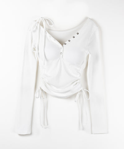 【 ２WAY ／ 裏起毛 】ナナメストラップスナップボタンシャーリングリボントップス ／ naname strap snap button shirring ribbon tops