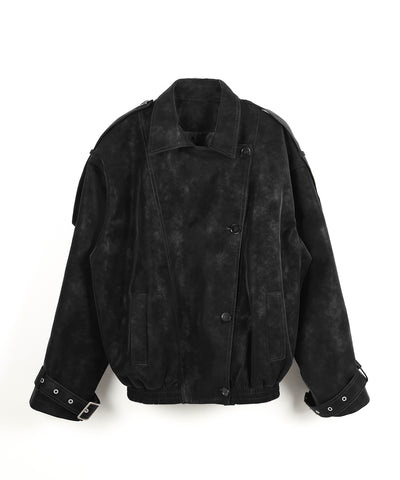 ヴィンテージフェイクレザーベルテッドジップアップオーバーブルゾン ／ Vintage fake leather belted zipup over blouson