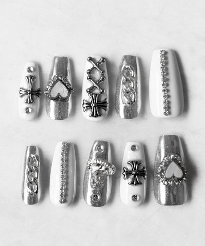 【 限定先行販売 】heart cross white silver bijou nail tips