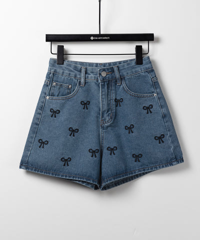 【 ２color 】ミニリボン刺繍ハイウエストデニムショートパンツ ／ mini ribbon  embroidery high waist denim short pants