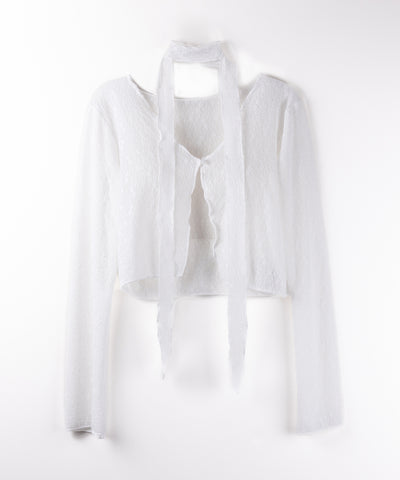 【 ２color ／ ２WAY 】チョーカーロングタイ付きショートシアーカーディガン ／ choker long tie set short sheer cardigan