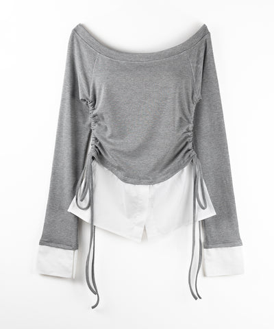 【 ２color ／ ２WAY 】シャツドッキングサイドリボンワンショルトップス ／shirt docking side ribbon oneshoulder tops